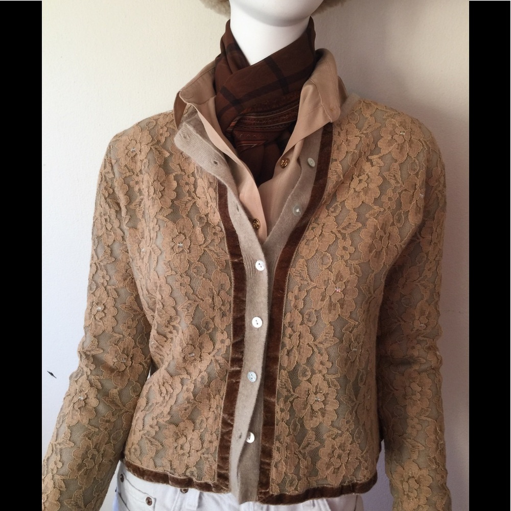 Anthropologie Moth beige lambswool cardigan w/lace overlay & brown velvet trim